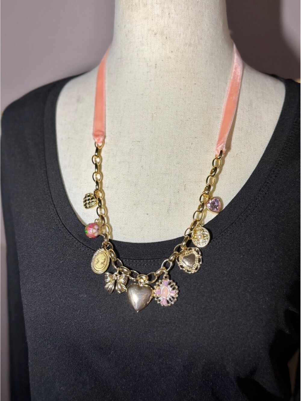 Pink Velvet Ribbon Charm Necklace Gold Hearts Bow Cameo Coquette Jewelry